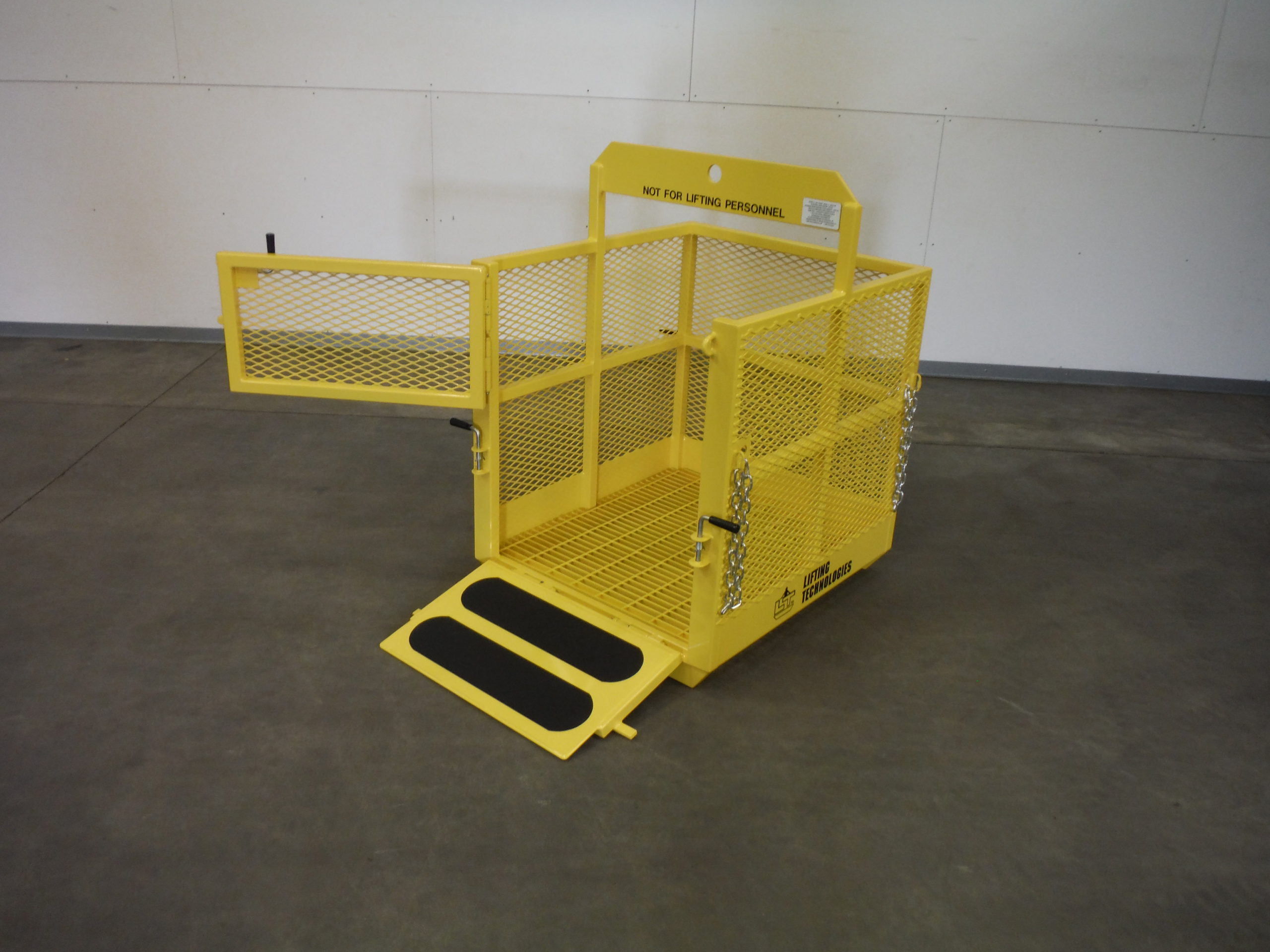Custom Single Pick Material Basket. Side view, open gate and ramp