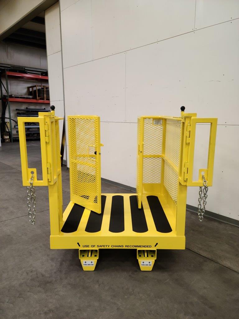 Custom Two Person Stock Picker Platform. Side view, acces gates open