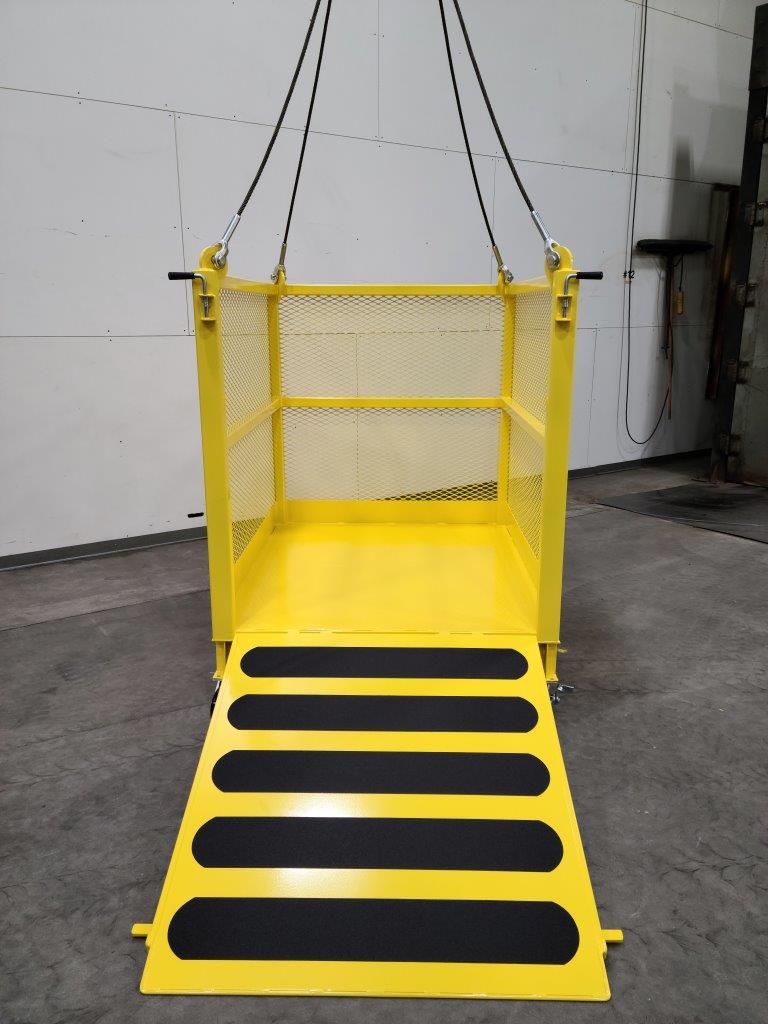 Custom Crane Suspended Material Platform with Casters. Front view, open ramp
