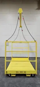 Front view of industrial yellow material platform rated for 2000 lbs, designed for lifting with a spreader bar and overhead suspension system.
