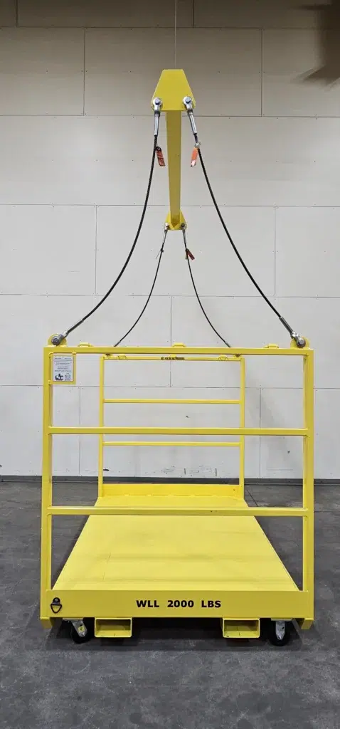 Front view of industrial yellow material platform rated for 2000 lbs, designed for lifting with a spreader bar and overhead suspension system.