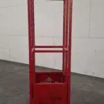 Front view of red 24-inch square crane-suspended personnel platform with secure locking door and fall arrest anchorage label.