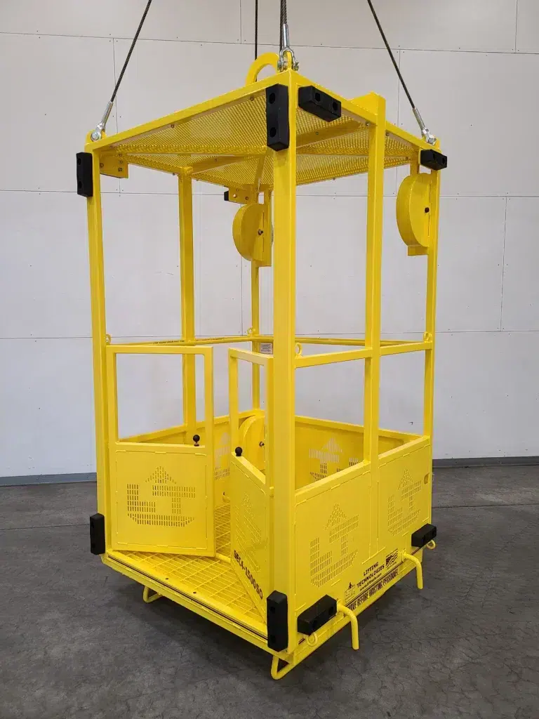SECO4-1500SO – Designed and engineered for a dam and lock facility, this suspended personnel platform lowers facility maintenance personnel down holes and along concrete walls, rolling on stainless steel rollers, for project work and inspections.